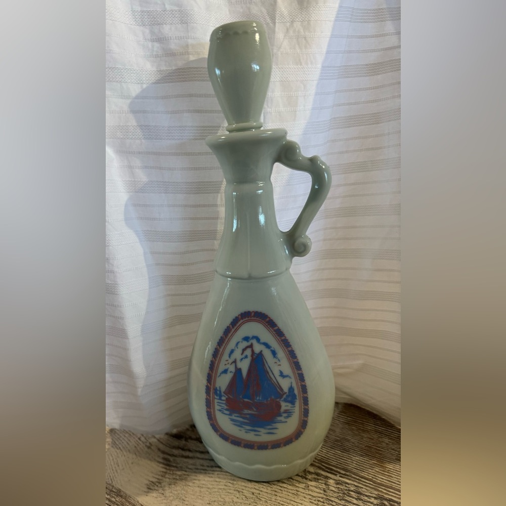 Vintage 1963 Jim Beam Whiskey Decanters Blue Milk Glass Sail Ship Windmill Cork